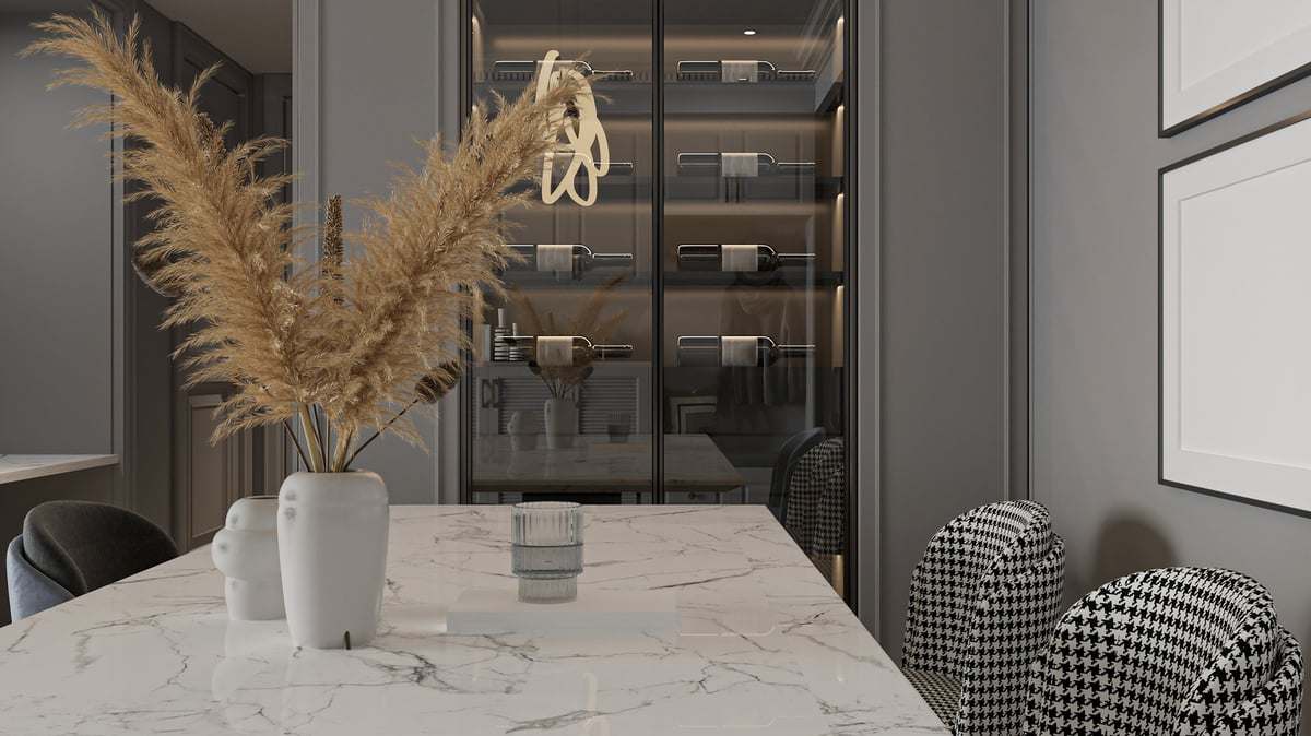 Comedor moderno con almacenamiento de vinos