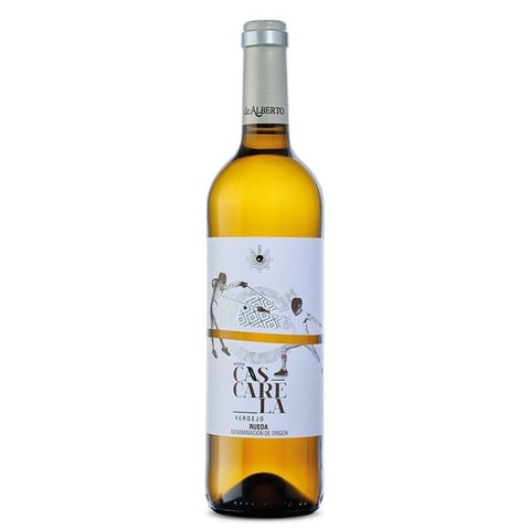 Bottle of Casa Cura white wine with pale yellow liquid and light blue label on white background