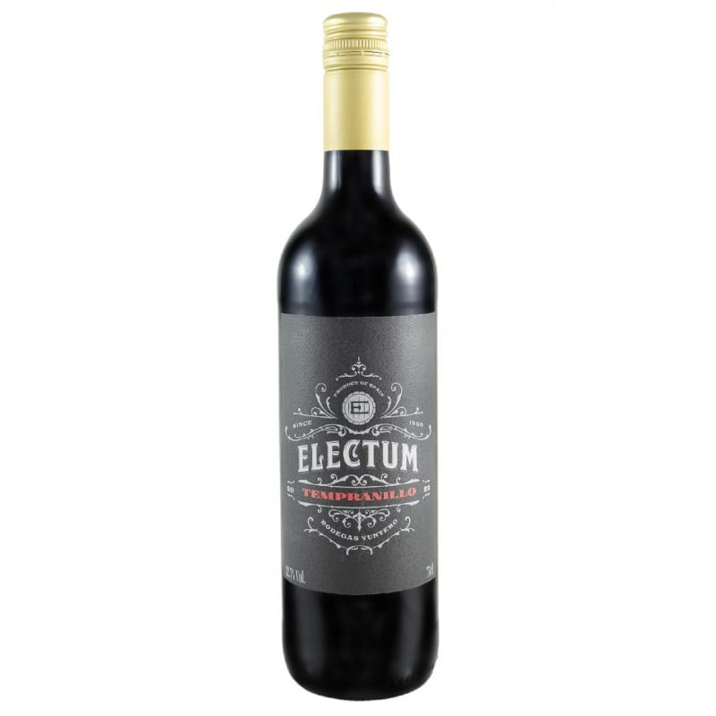 Bottle of Electum red wine with dark gray label and gold foil top cap