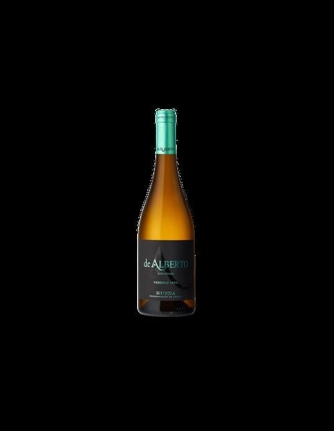 Bottle of de Alberto white wine with green foil cap and amber liquid against black background