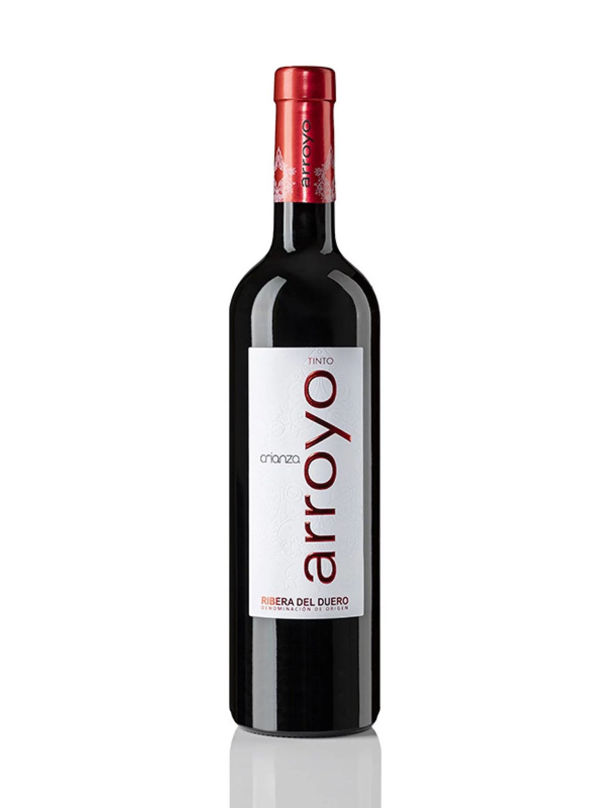 Bottle of Arroyo red wine with red foil cap and white label against white background
