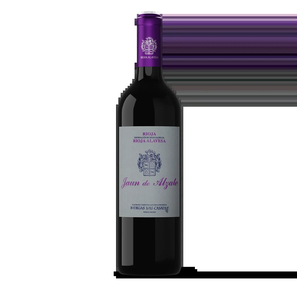 Bottle of Juan de Alyala Rioja Alavesa red wine with purple foil cap and light gray label on black background