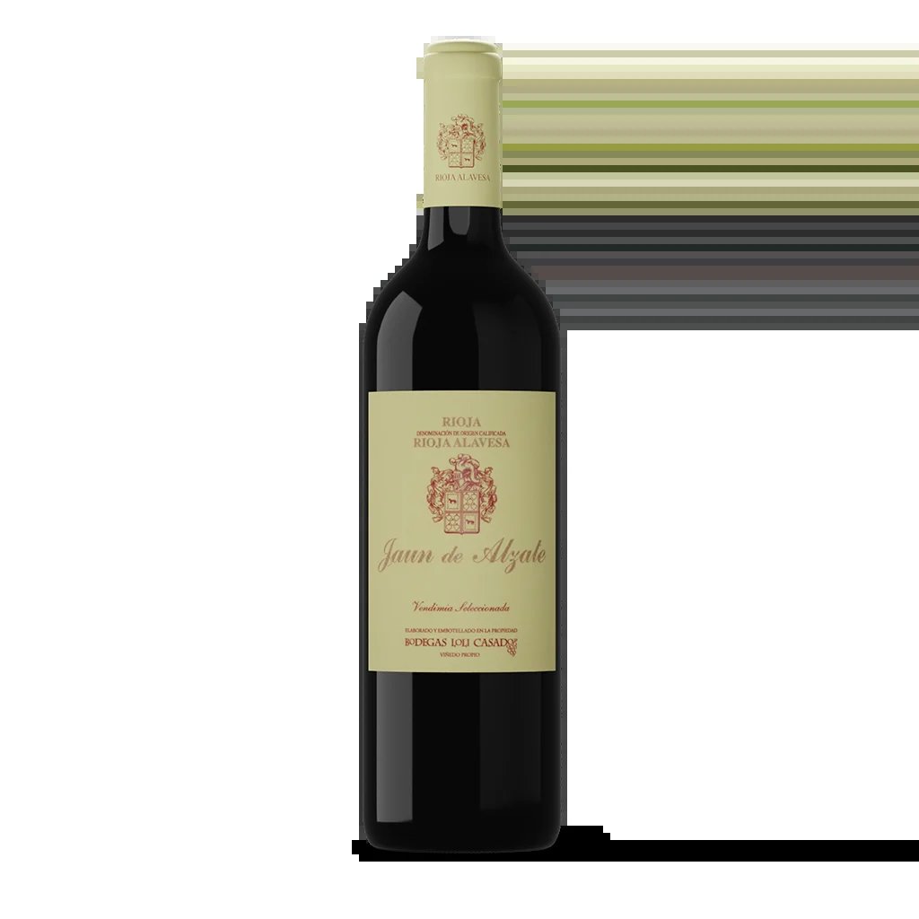 Bottle of Juan de Alzate Rioja red wine with cream-colored label on black background
