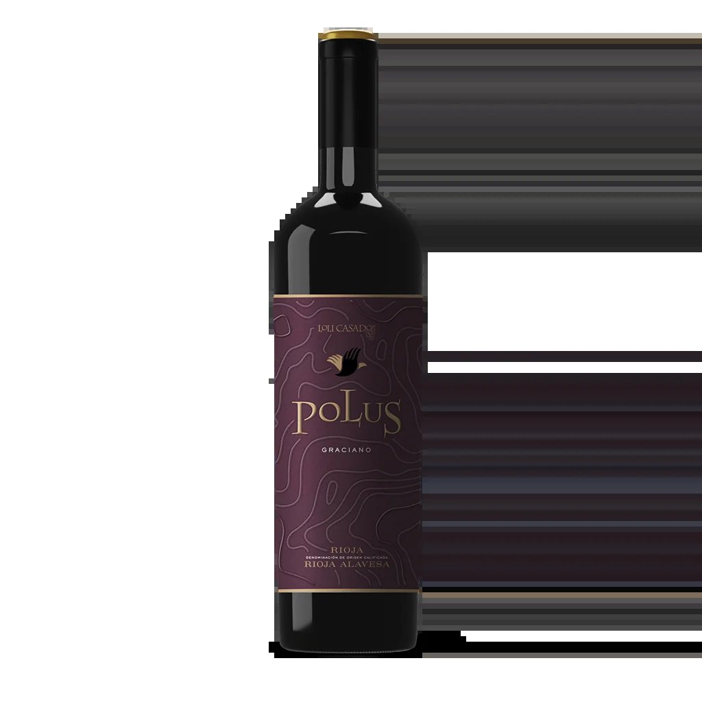 Bottle of Polus red wine with purple ornate label on black background