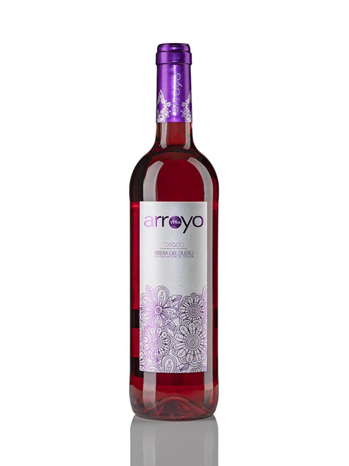 Bottle of Arroyo red wine with purple foil cap and floral-patterned label on white background
