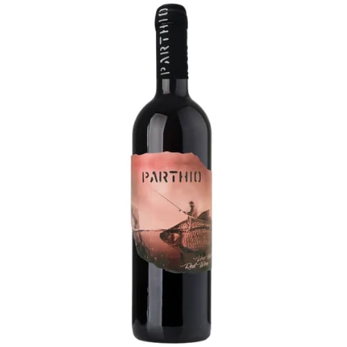 Parthio red wine bottle with coral-colored label featuring a fish illustration and dark glass against white background
