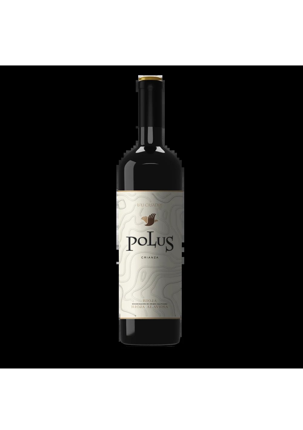Bottle of Polus red wine with cream-colored label featuring a bird design against a black background