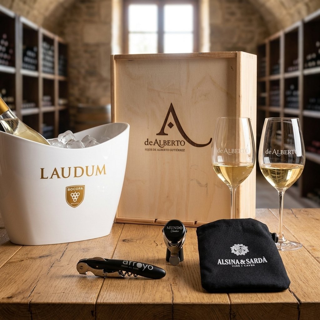 Wine tasting set with wooden deAlberto box, two white wine glasses, ice bucket labeled Laudum, and black cloth pouch on wooden table