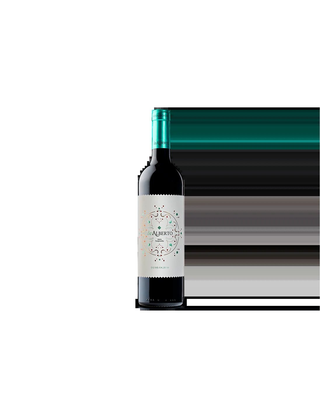Bottle of Alberti red wine with white label and turquoise foil cap on black background