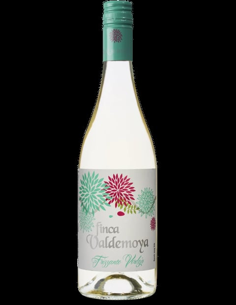 Bottle of Finca Valdemoya white wine with green cap and floral label design on black background