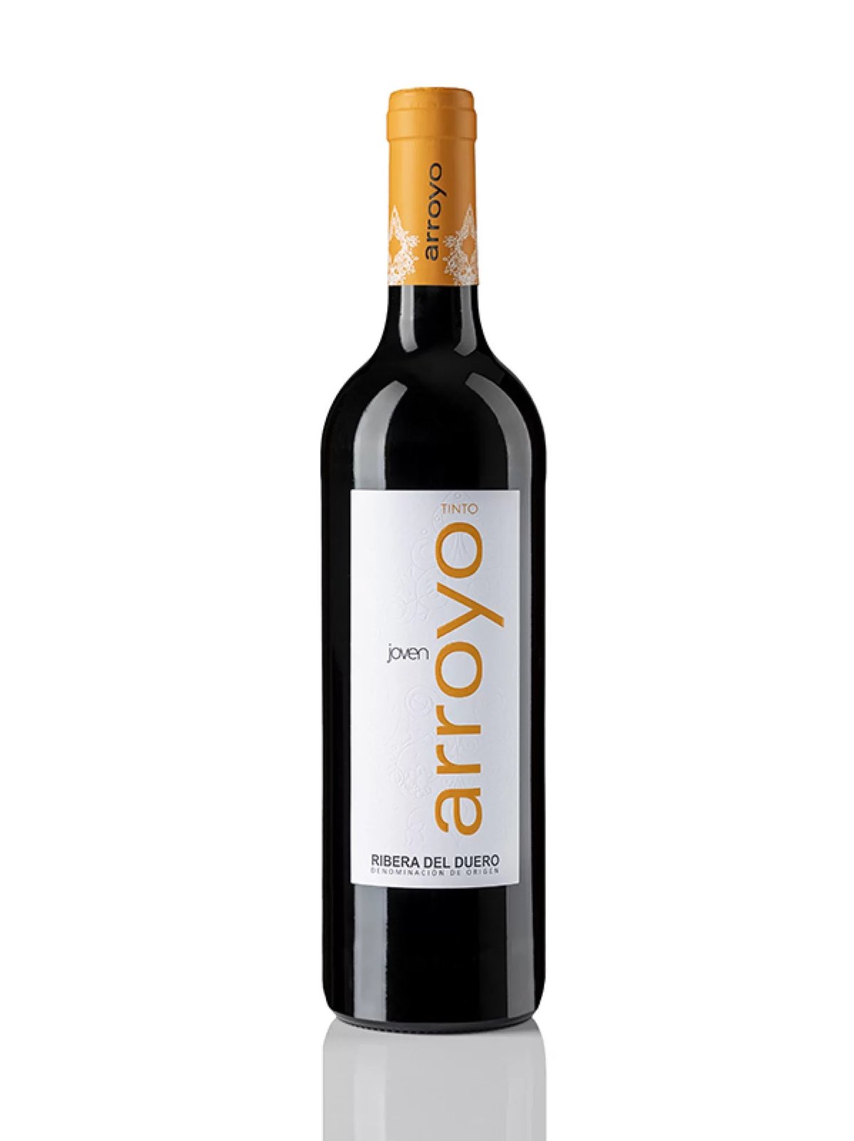 Bottle of Arroyo Pinto red wine from Ribera del Duero with gold foil cap and white label