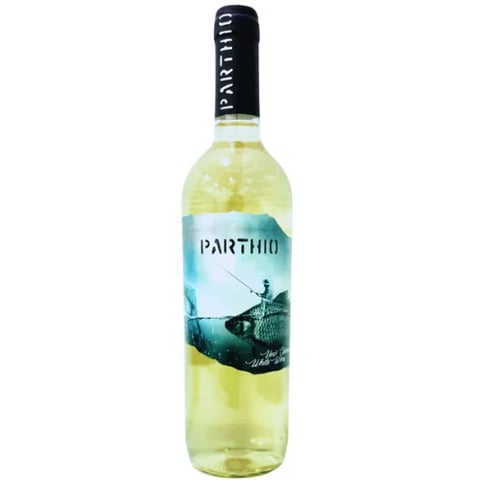 Bottle of Parthio white wine with pale yellow liquid and dark cap against white background