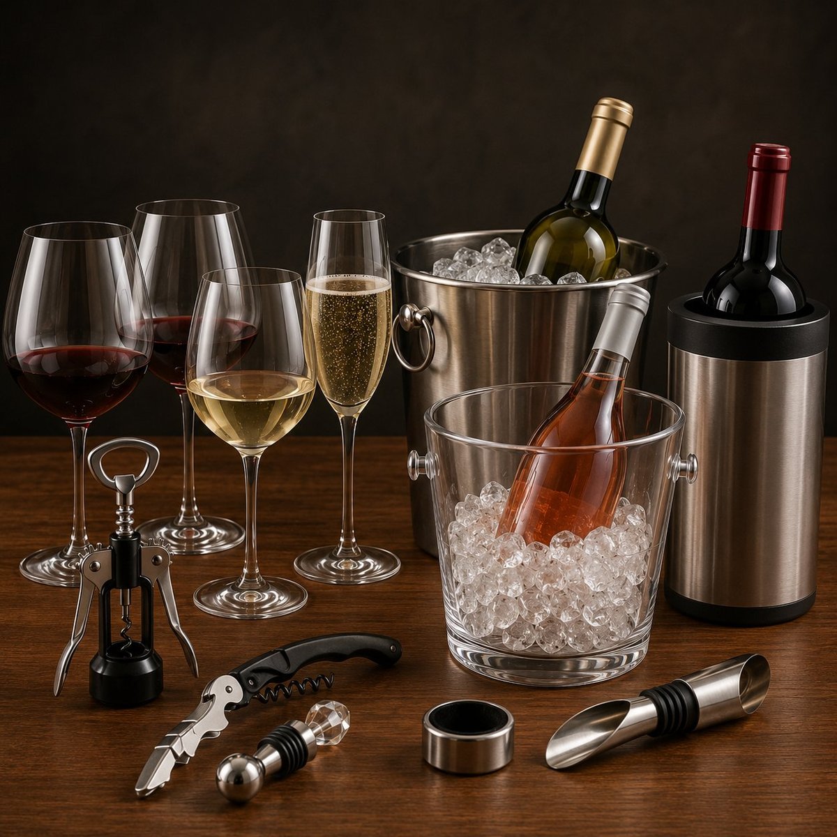 Wine collection display with glasses of red, white, and champagne, wine bottles in ice buckets, and bar tools on wooden surface