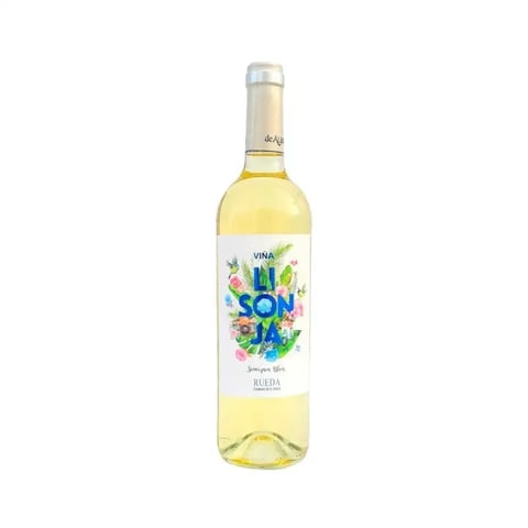 Bottle of Viña Bison white wine with colorful flower label on white background