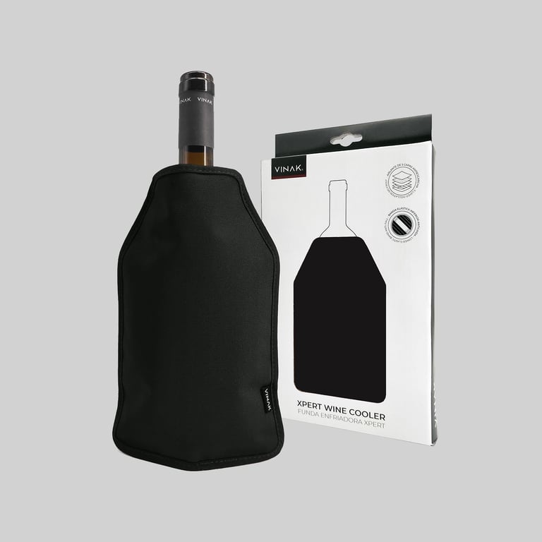 Black wine bottle cooler sleeve with a wine bottle inside, displayed next to its product packaging box