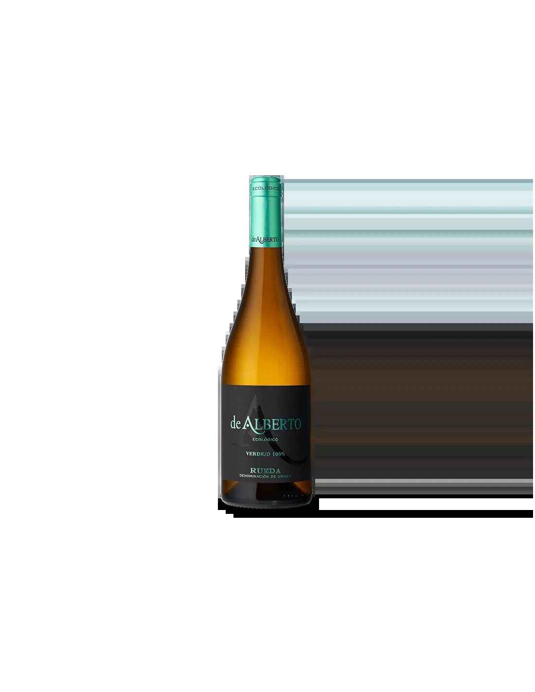 Bottle of de Alberte white wine with mint green cap against black background
