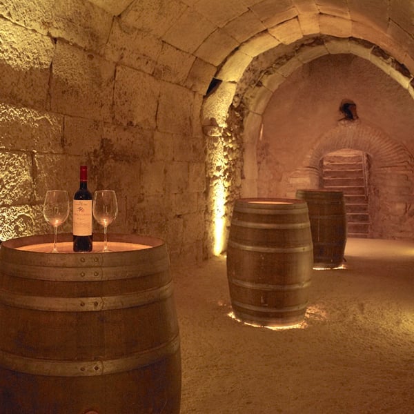 Wine cellar with arched stone ceiling, wooden barrels, and a bottle with glasses on a barrel table