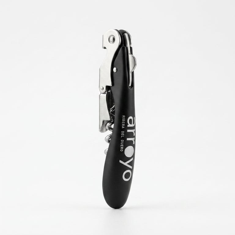 Black and silver multi-tool with various folded implements including knife blade and can opener on white background