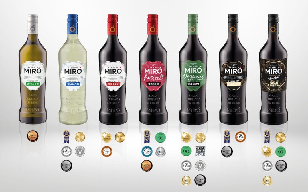 Seven MIRO brand bottles in different varieties with award medals displayed below each bottle on a white background