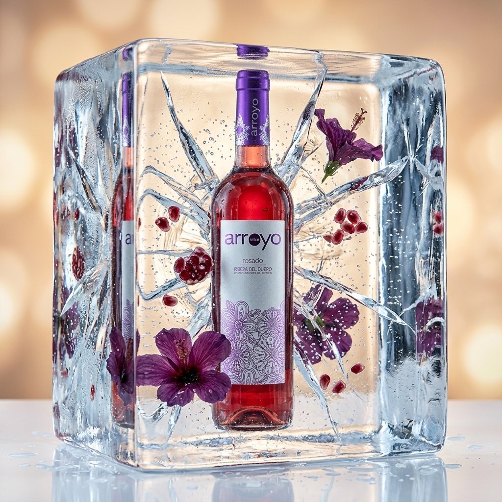 Bottle of Arroyo rose wine encased in a clear ice cube with purple flowers and berries frozen inside