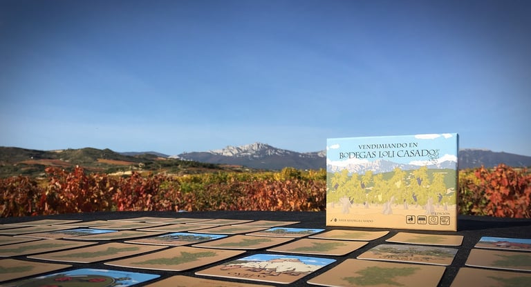 Tourism map and brochure displayed on a table overlooking vineyards in a mountainous landscape under blue sky