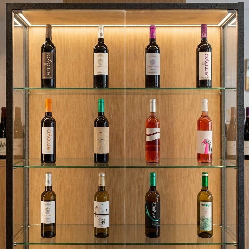 Glass display cabinet with 12 wine bottles arranged on three shelves with wooden backing and metal frame