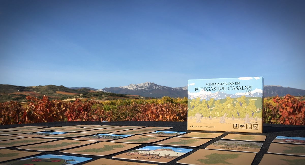 An open book with vineyard landscape displays on a wooden surface with rows of grapevines and mountains in the background under blue sky