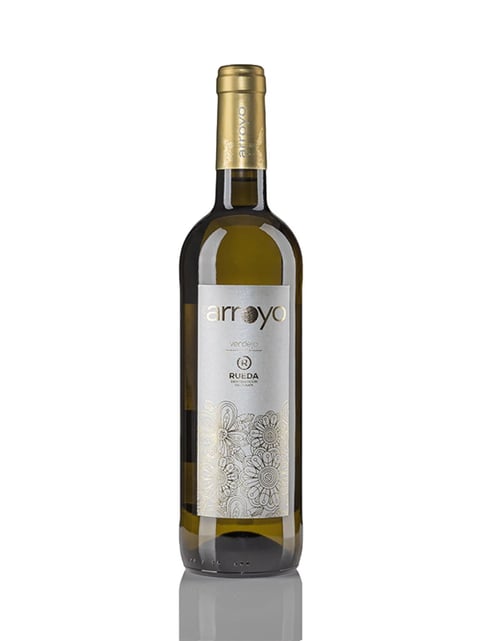 Bottle of Arroyo white wine from Ruelda with gold foil cap on white background