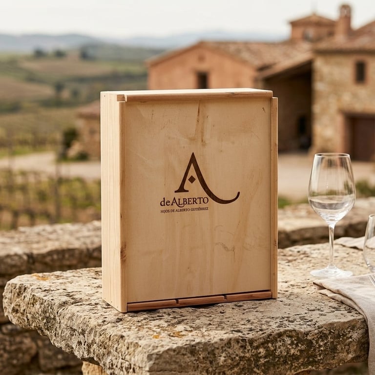 Wooden deALBERTO wine box on stone terrace with wine glass and Tuscan villa in background