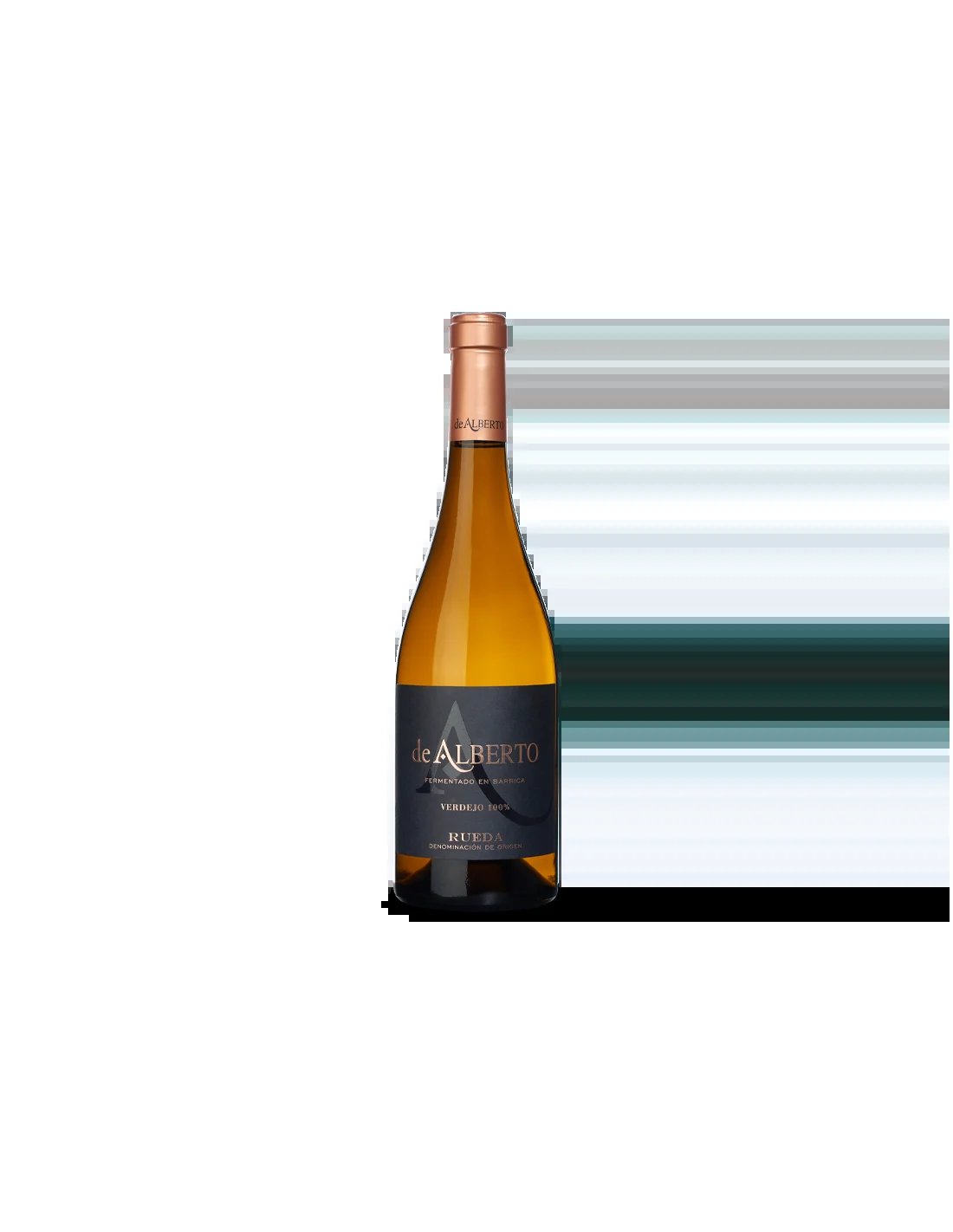 Bottle of Alberto white wine with dark label and copper-colored foil cap against black background