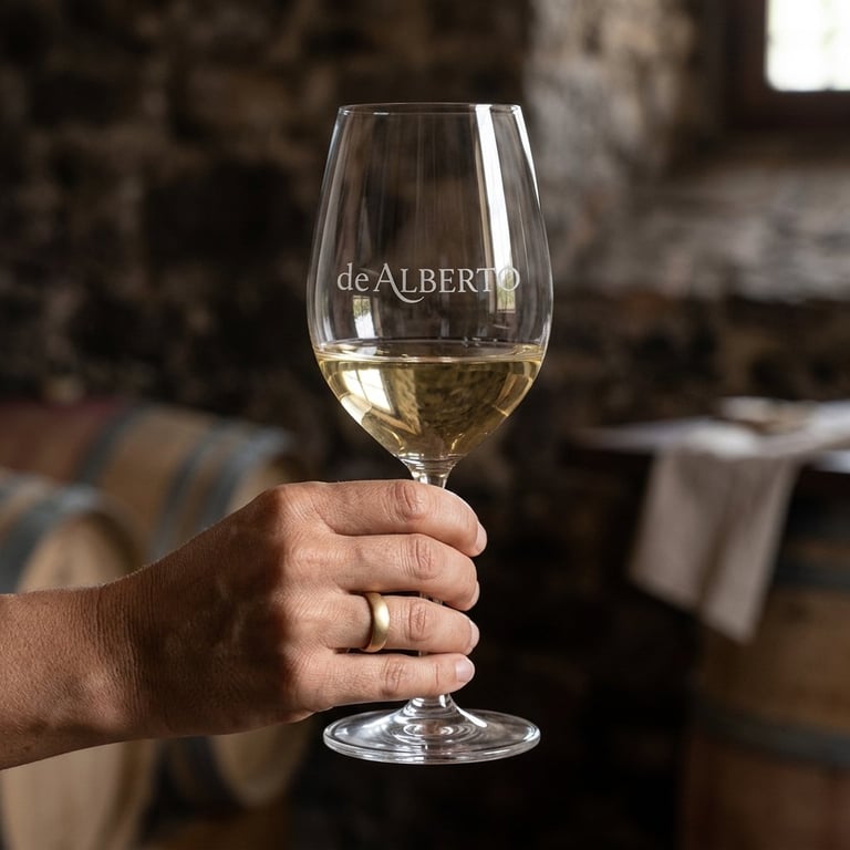 Hand holding a deALBERTO wine glass filled with white wine in a rustic cellar setting