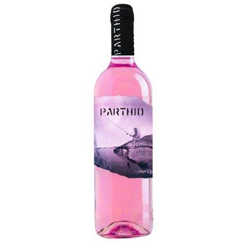 Bottle of Parthio pink wine with black cap and landscape label on white background