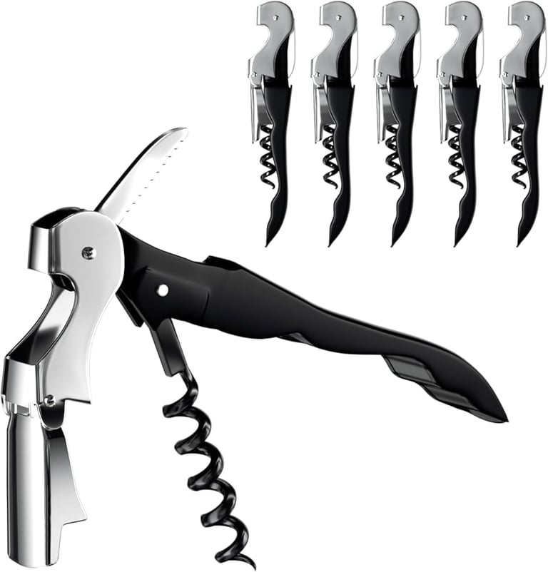 Set of professional wine corkscrews with chrome and black handles, featuring spiral worm and lever mechanisms