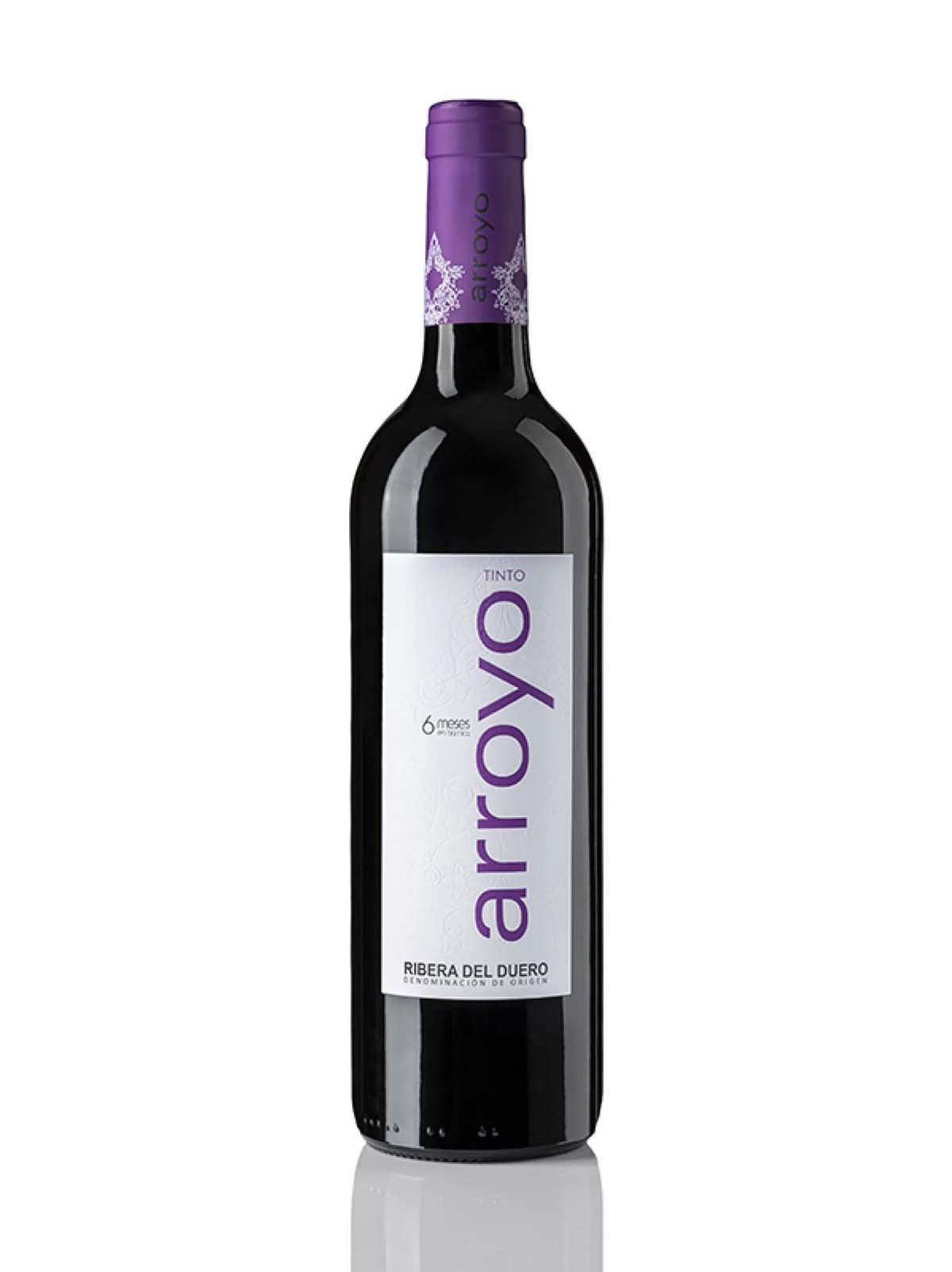 Bottle of Arroyo Tinto red wine from Ribera del Duero with purple label and foil capsule on white background
