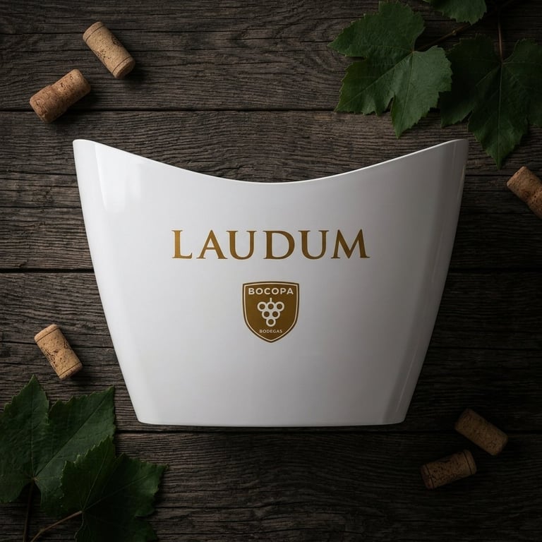 White Laudum wine bottle holder with Rocopa grape logo on dark wooden surface surrounded by cork stoppers and green grape leaves