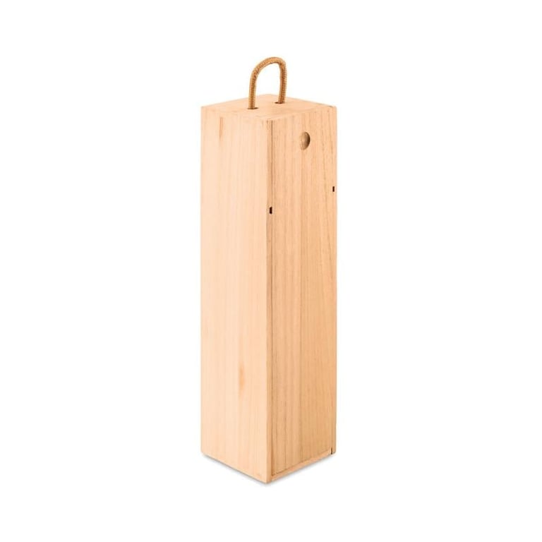 Tall wooden wine box with rope handle, light pine finish